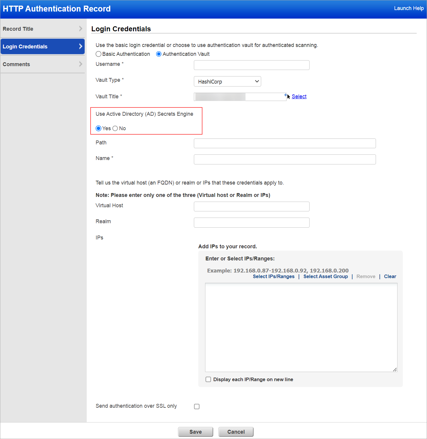 Select Active directory Secrets Engine to create HTTP auth record.